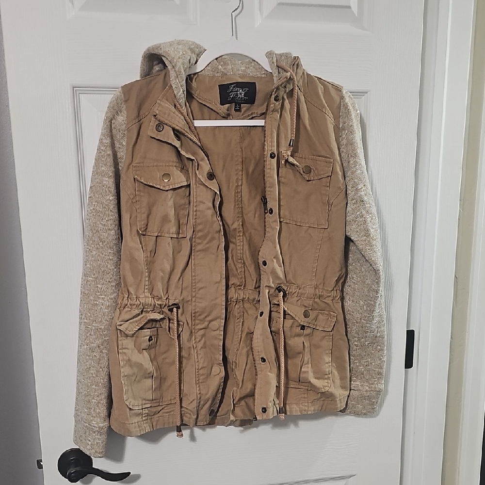 Tan Utility Jacket with Knit Sleeves